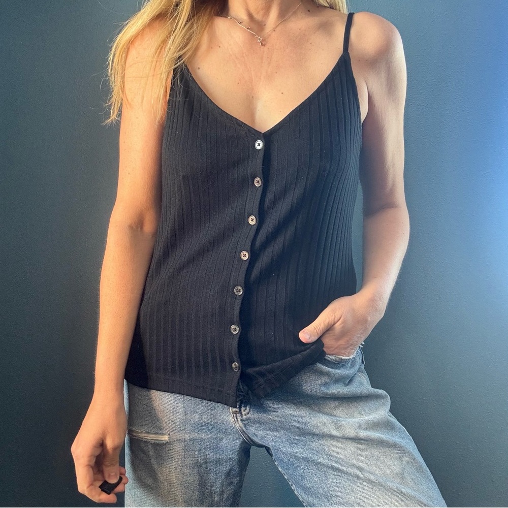 Black Button-Up Ribbed Camisole Top size Large - Picture 1 of 6